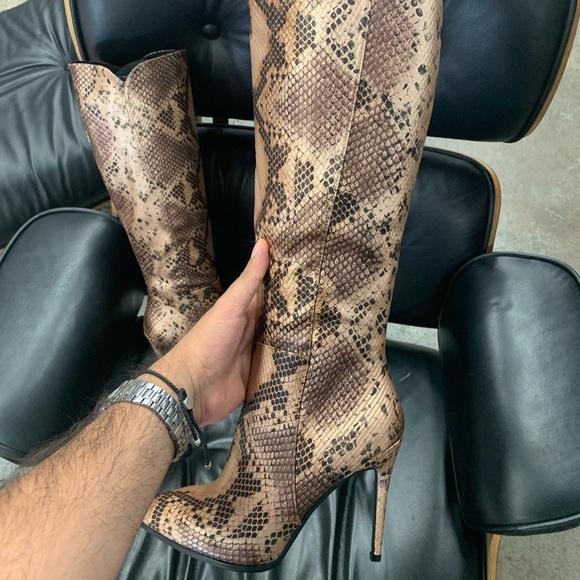 Knee High Pointed Toe Stiletto Heel Boot in Brown Snakeskin Effect Faux Leather - Picture 14 of 16